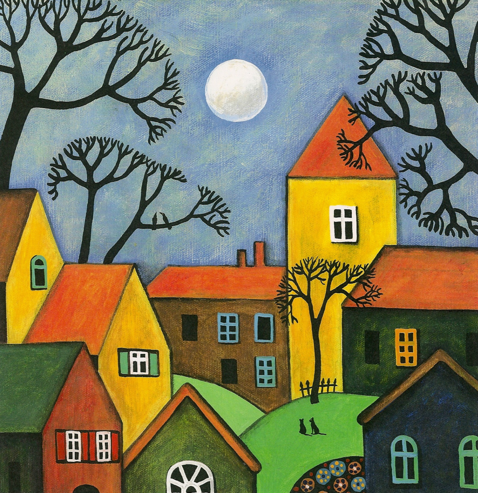 4×4 PRINT OF PAINTING ABSTRACT RYTA CROW FOLK ART BLACK CAT CROW RAVEN Halloween