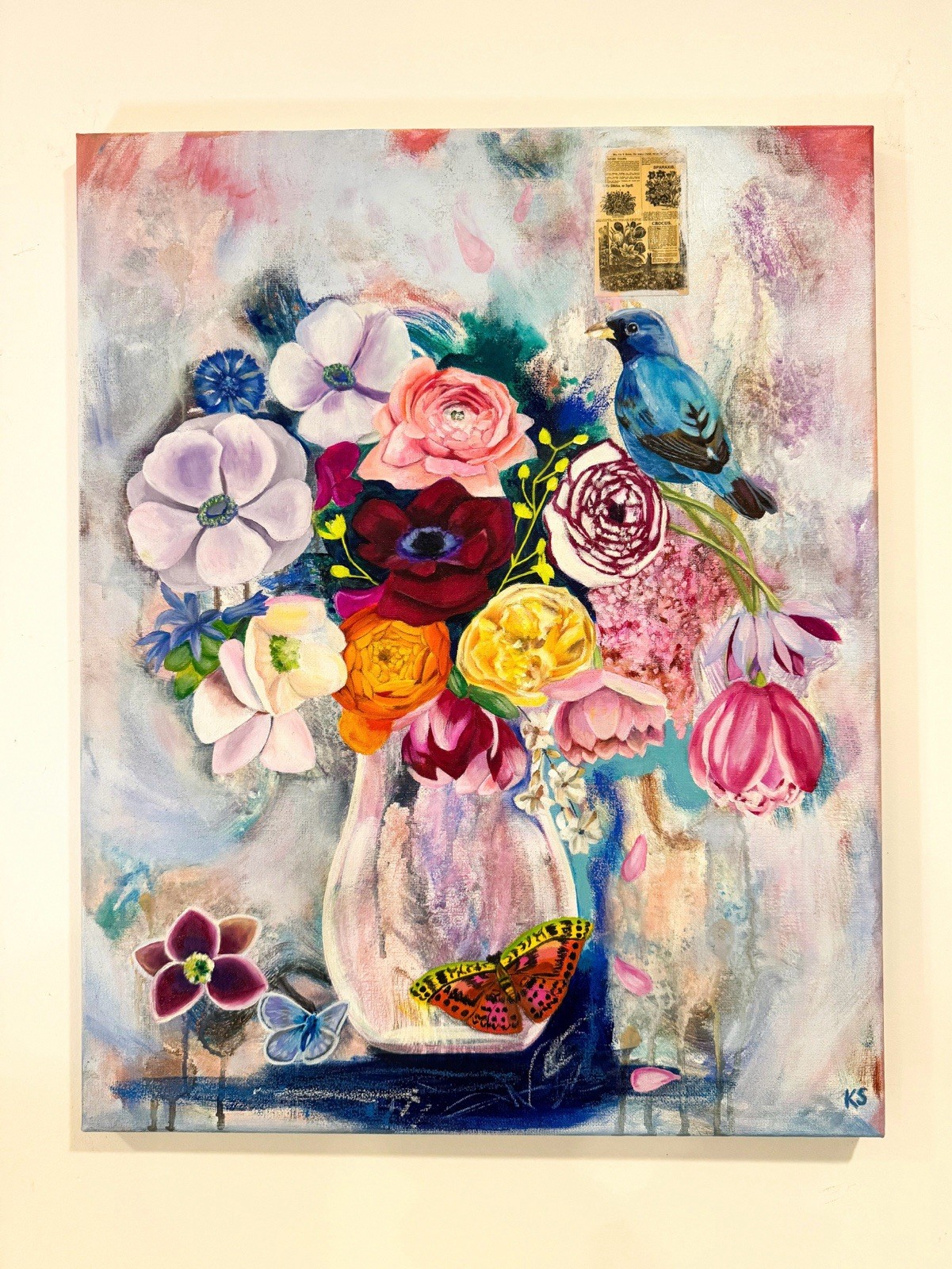“Hope In Bloom” Acrylic Oil Collage On Canvas 16’x20” Painting Flowers Bird