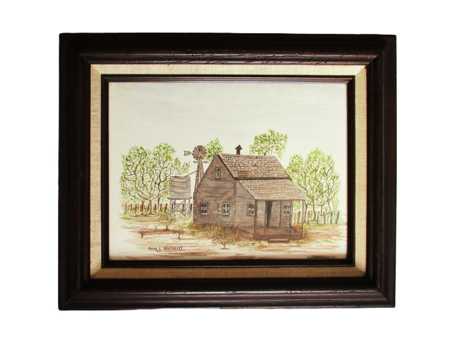 Cabin House Watercolor Painting Country Landscape Vintage Framed Folk Art