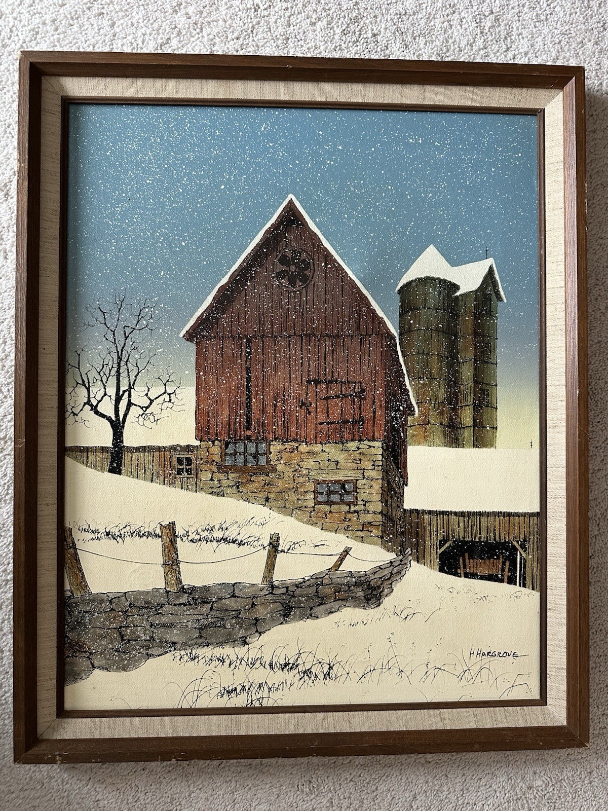 H. HARGROVE Oil Painting Winter Farm Barn Signed Canvas Vintage 18” x 22” framed