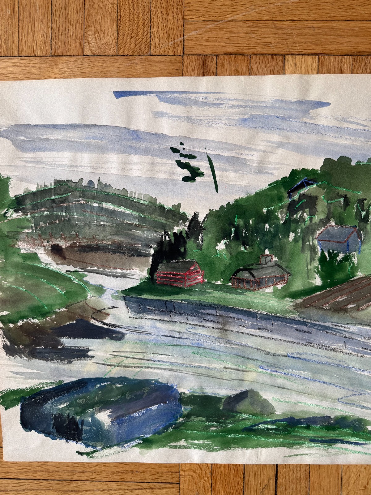 Vintage 1950’s Watercolor Painting Green Lush Landscape Barn Field OOAK 18 x 24