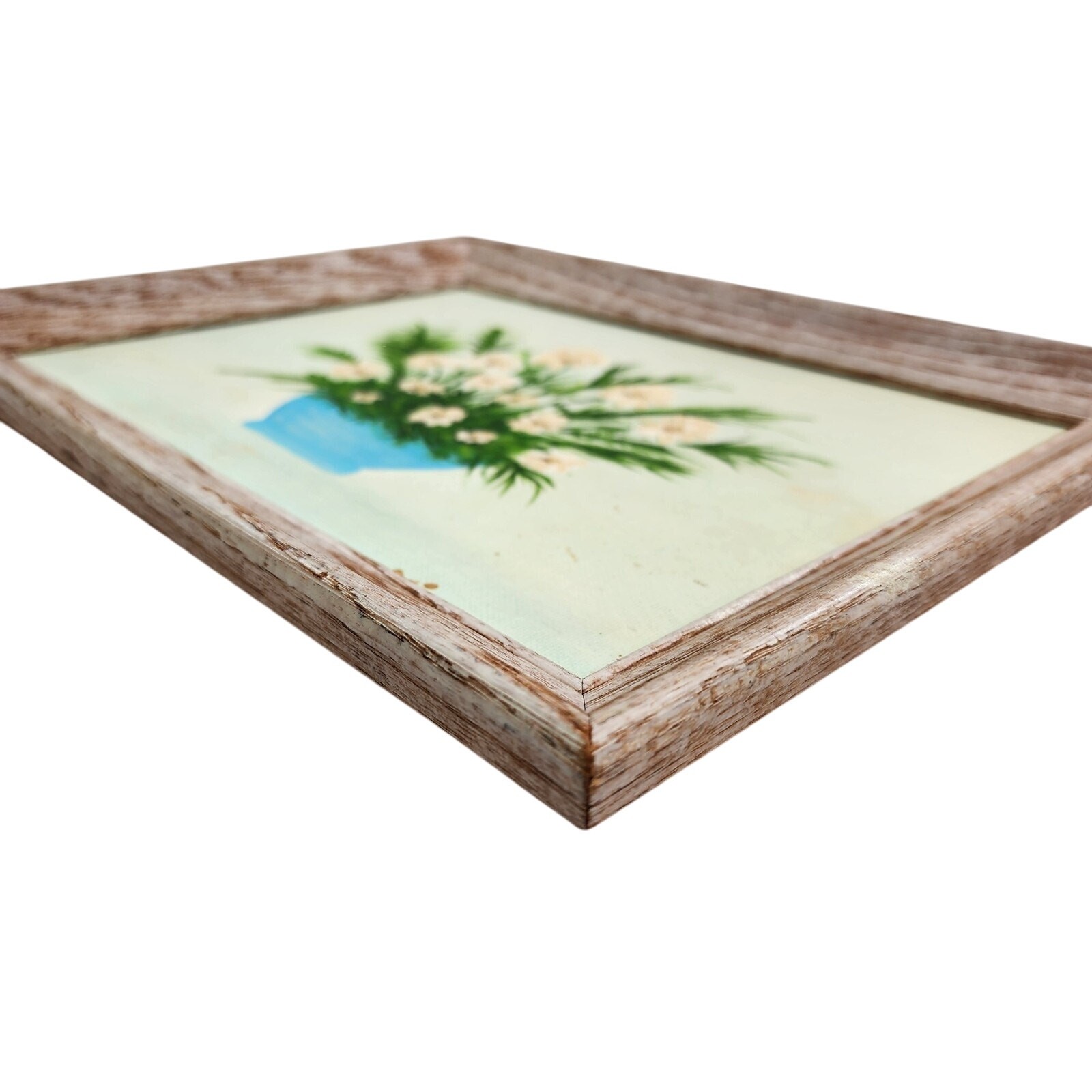 Original Oil Acrylic Painting Green Floral Flowers White Daisy Shabby 14×11 Fram