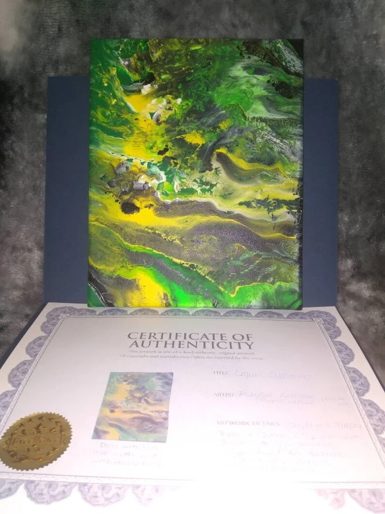 8 in x 10 in Green and Yellow Abstract Landscape Black Light Painting on Canvas