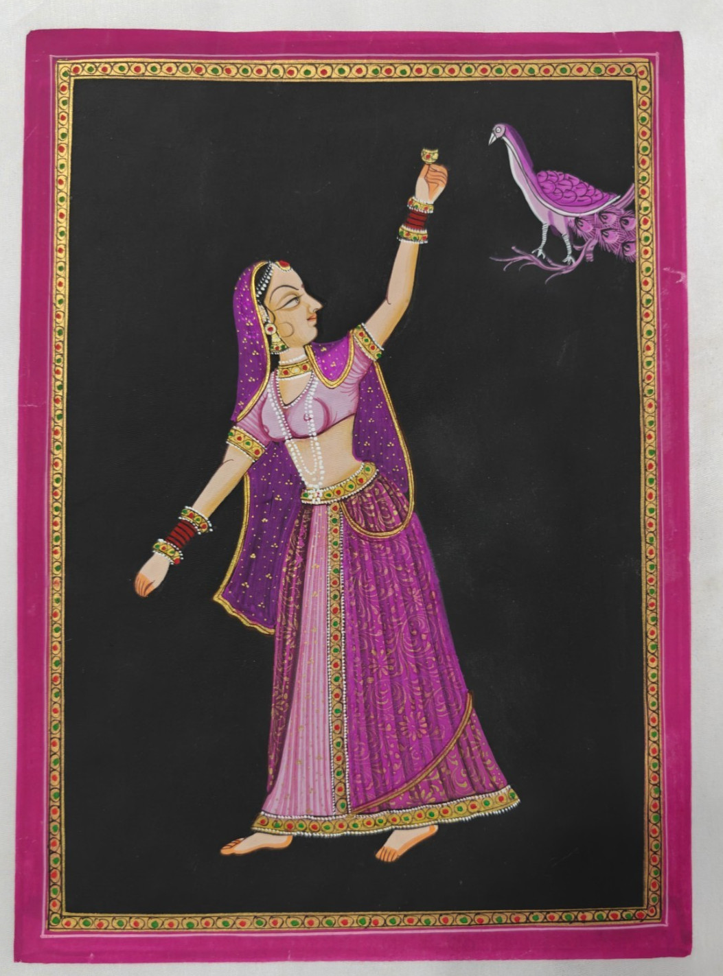 Traditional Indian Silk Painting Princess Peacock Ethnic Home Decor Framable Art