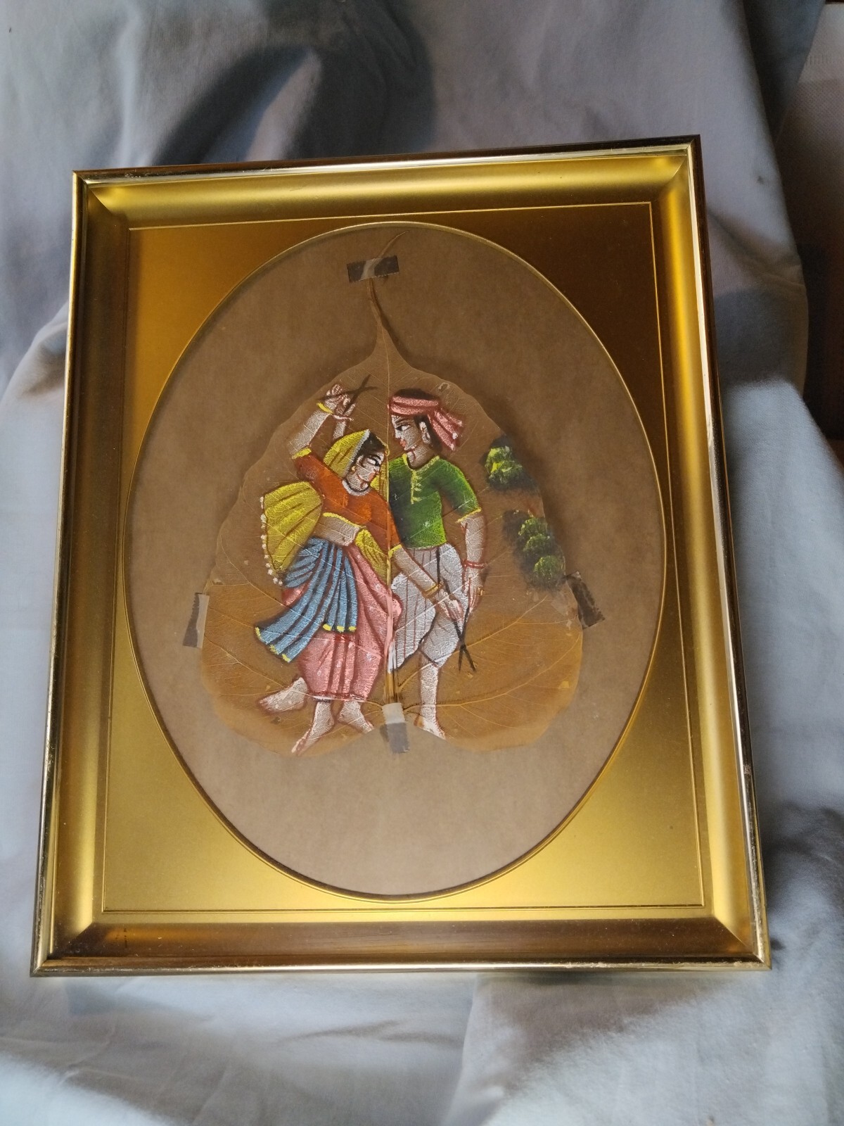 1960s Hand Oil Painting On India Peepal Tree Leaf 9×11″ Man And Woman Dancing.