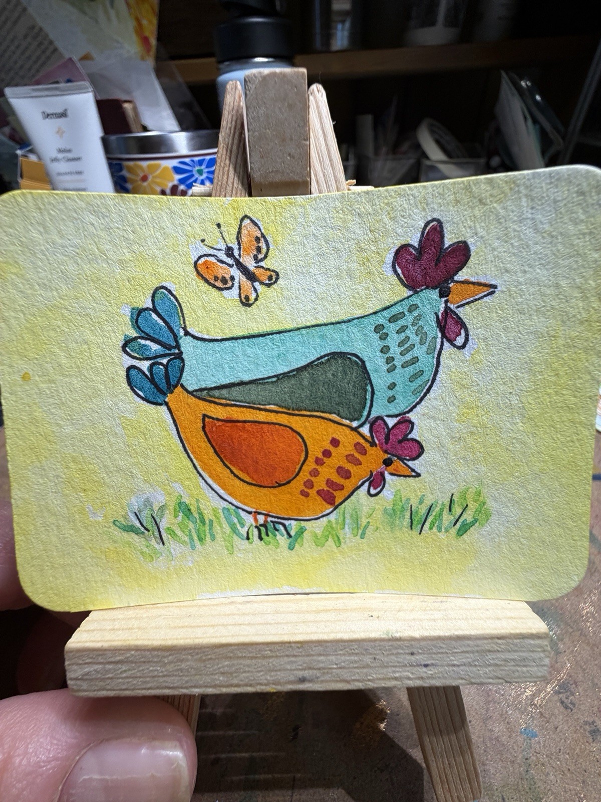 ACEO Original, Signed, Whimsical Chickens on a Farm. Artist; one anxious Lady