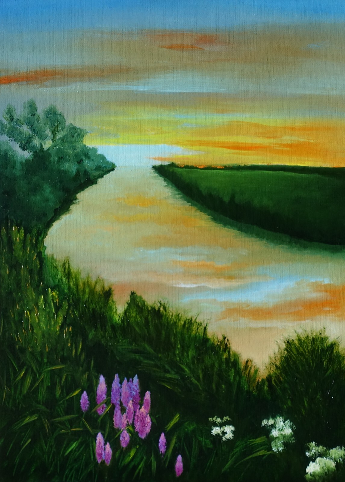 Sunset on the river oil painting, riverside landscape.