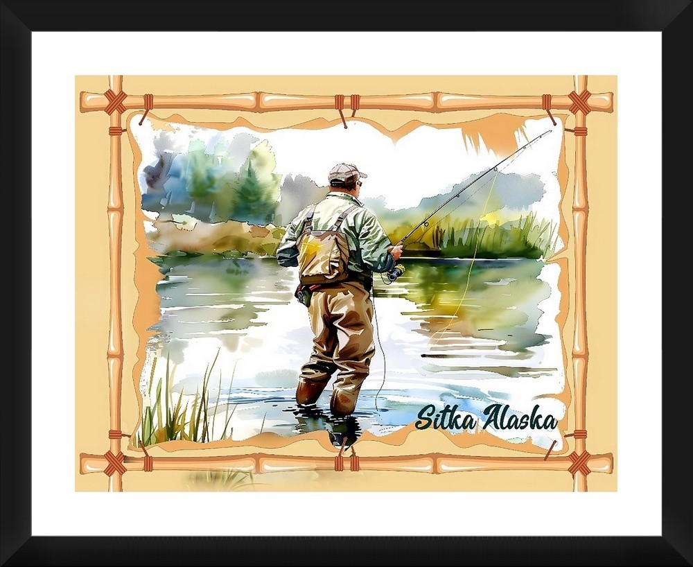 Sitka Alaska Fishing Travel Poster Prints Canvas or Framed Fly Fish For Salmon