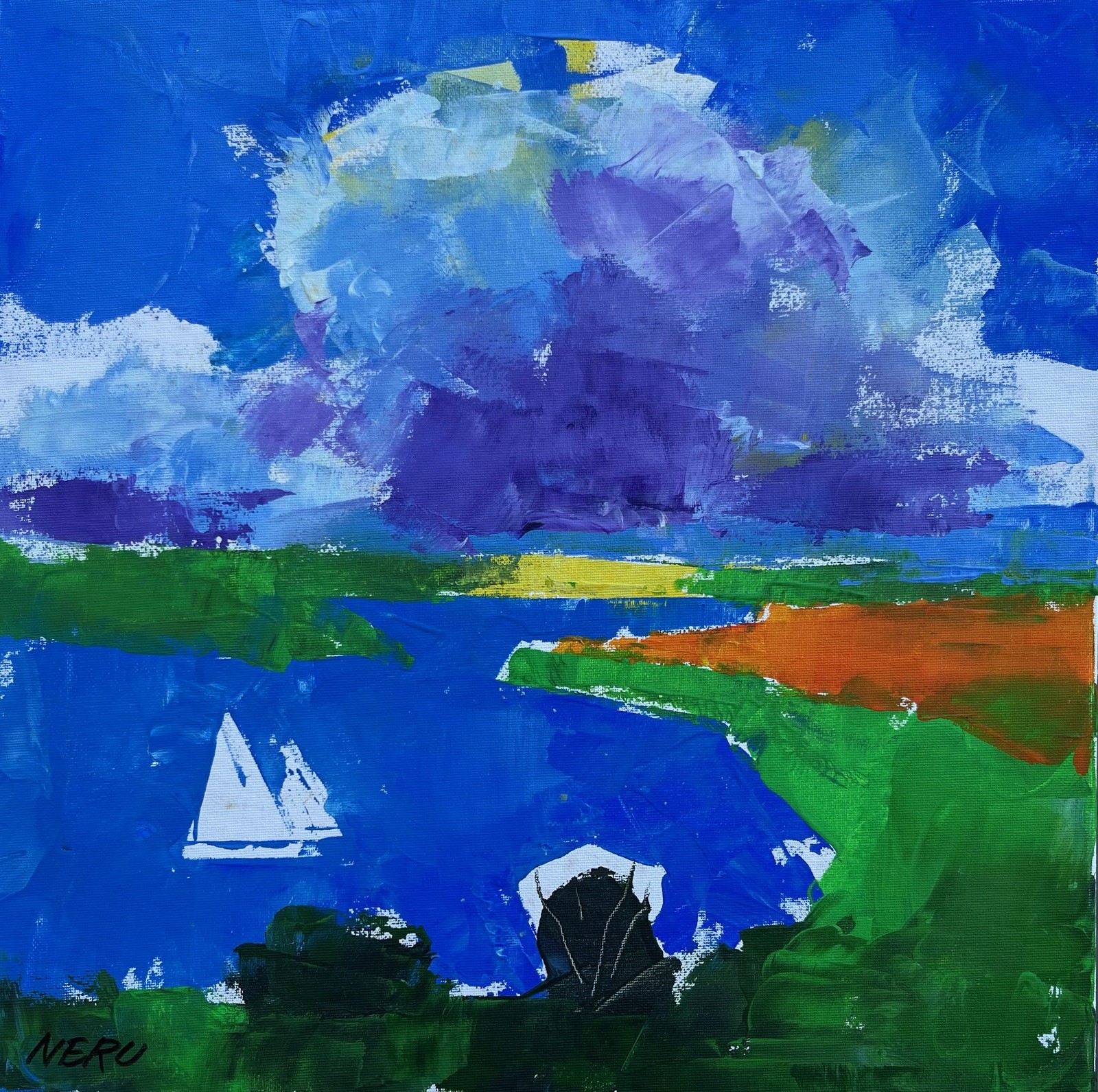 Expressionist Abstract Coastal Landscape with White Sailboat Oil Painting Maritime