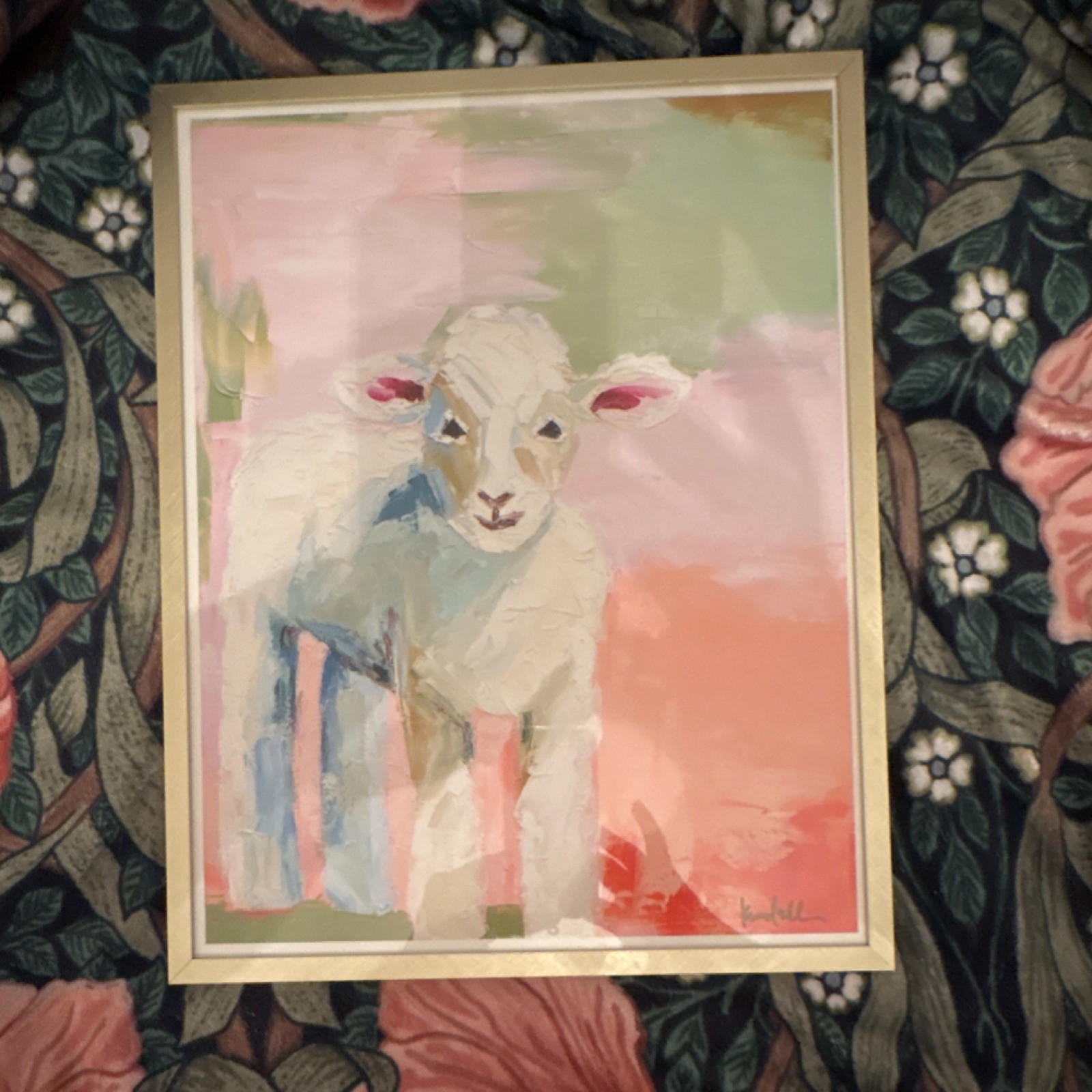 Kendall Signed Abstract baby lamb Painting, Medium, Framed Animal Artwork