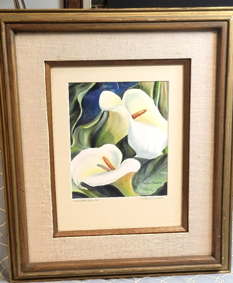 «Calla Lilies by the Sea» Glass framed watercolor painting by Carolyn Lancaster