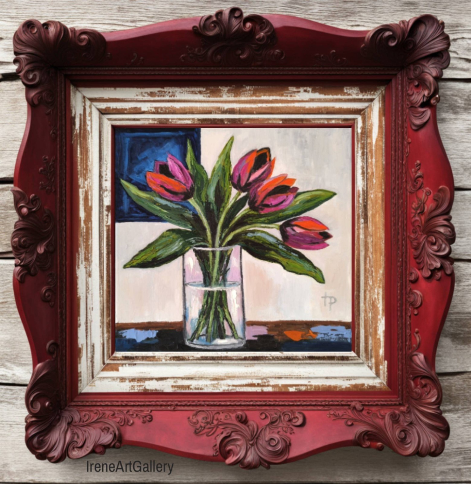 Colorful Tulip Oil Painting Modern Floral Wall Art Flowers Bouquet 11.8×11.8″