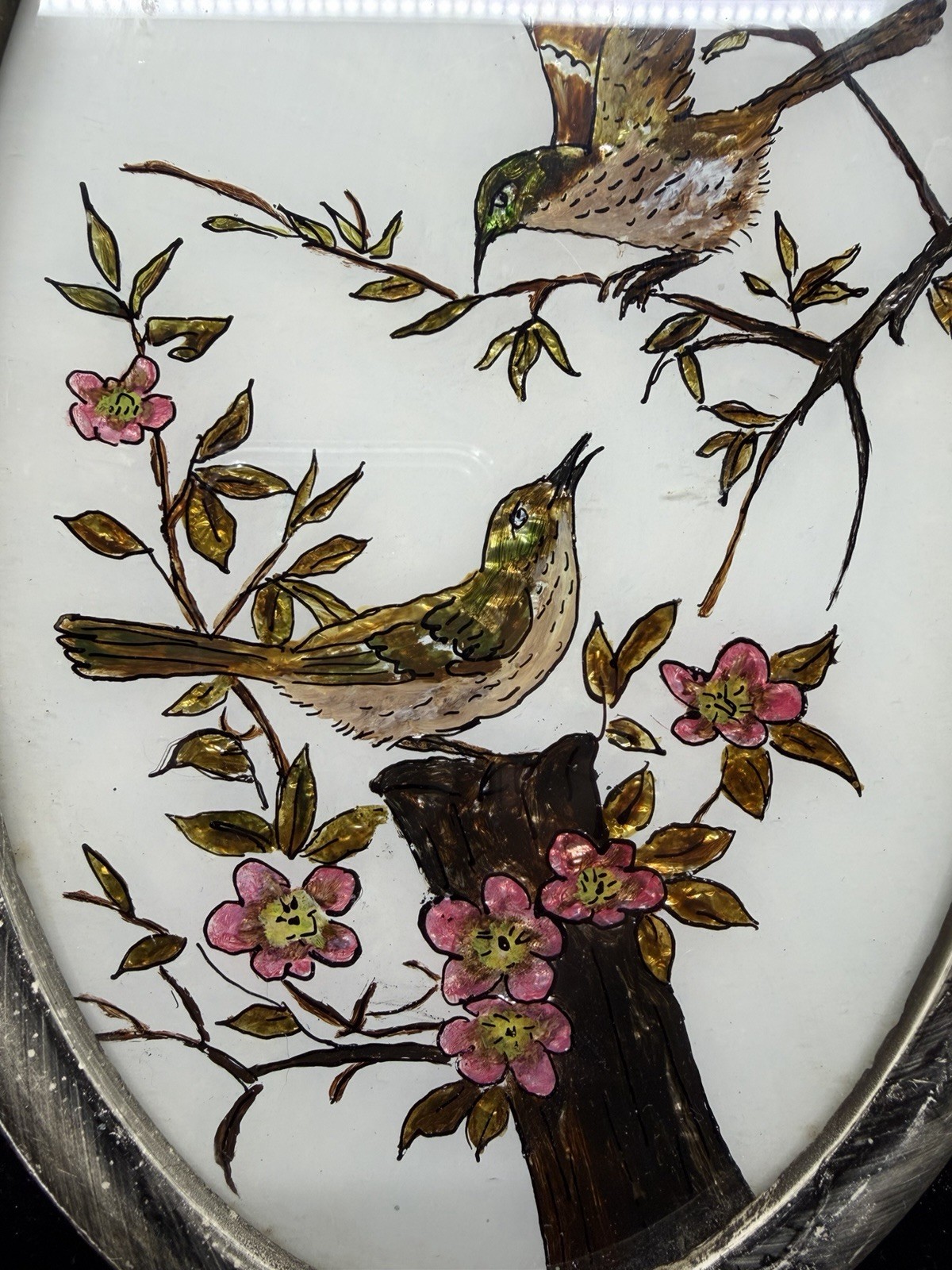 Vintage Framed Aluminum Foil Art, Birds On Floral Branches 10.5” Reverse Painted
