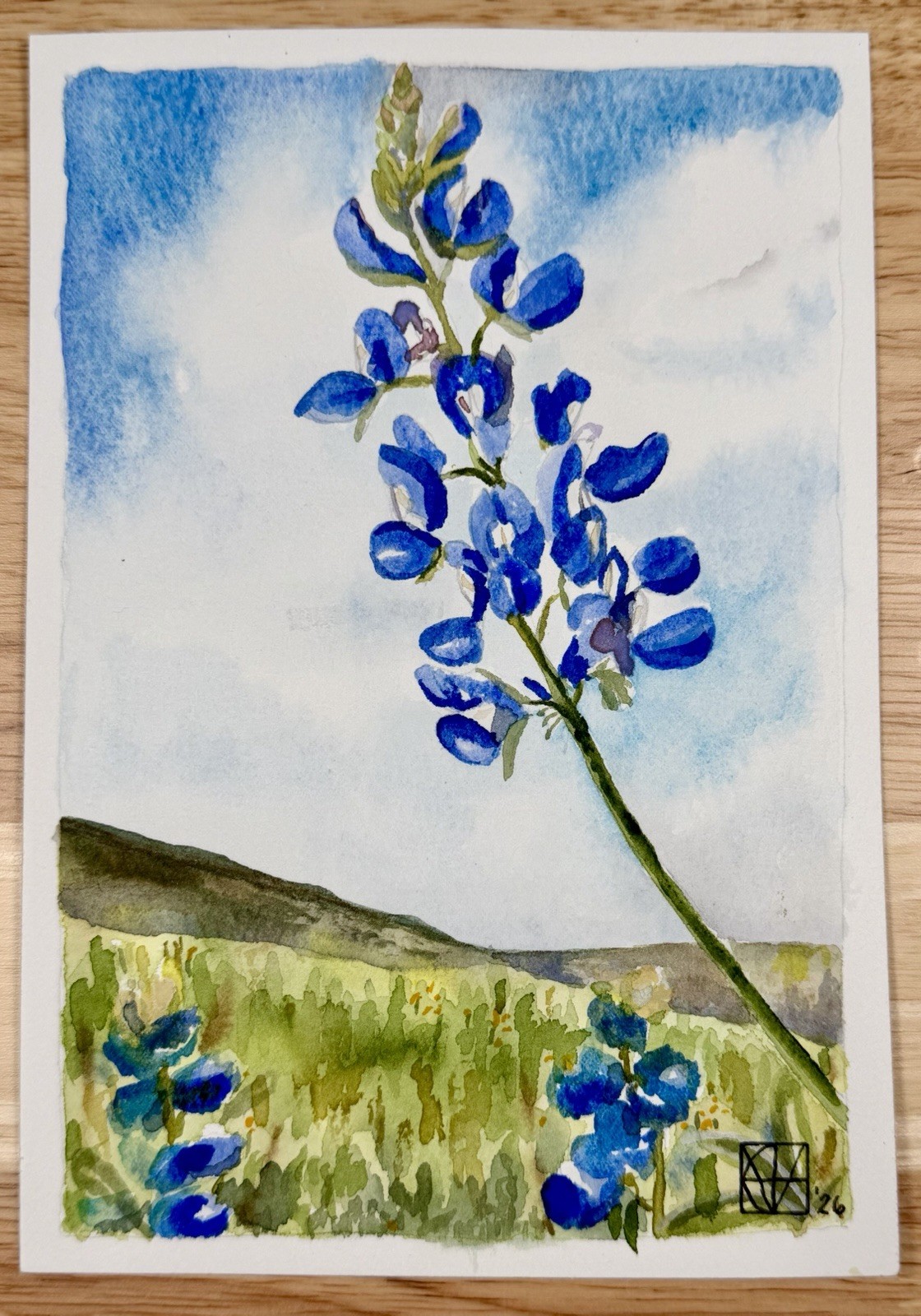 Painting by M. Hackney Bluebonnets Watercolor, Signed, Original, 5×7″ OOAK