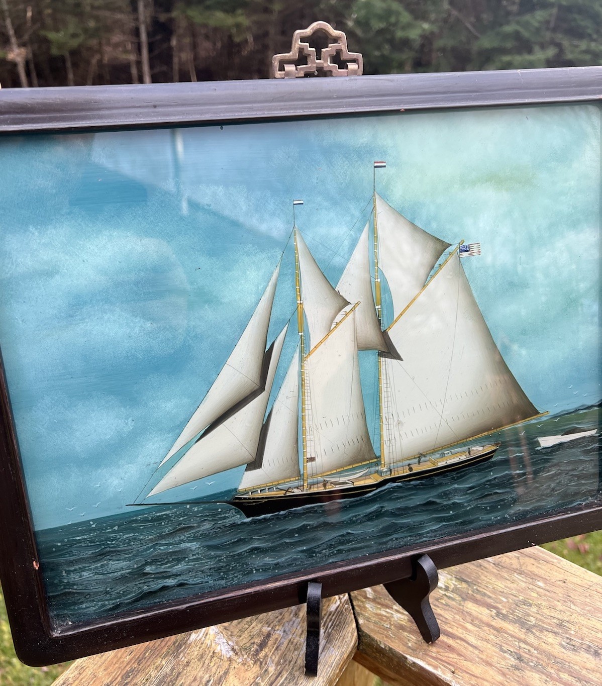 Vintage Framed Chinese Reverse Glass Painting American 2 Masted Schooner Ship
