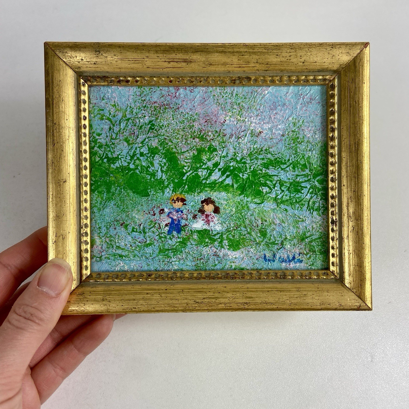 Vintage 6×5” Textured Painting Girl Boy Field of Flowers Impressionist Landscape