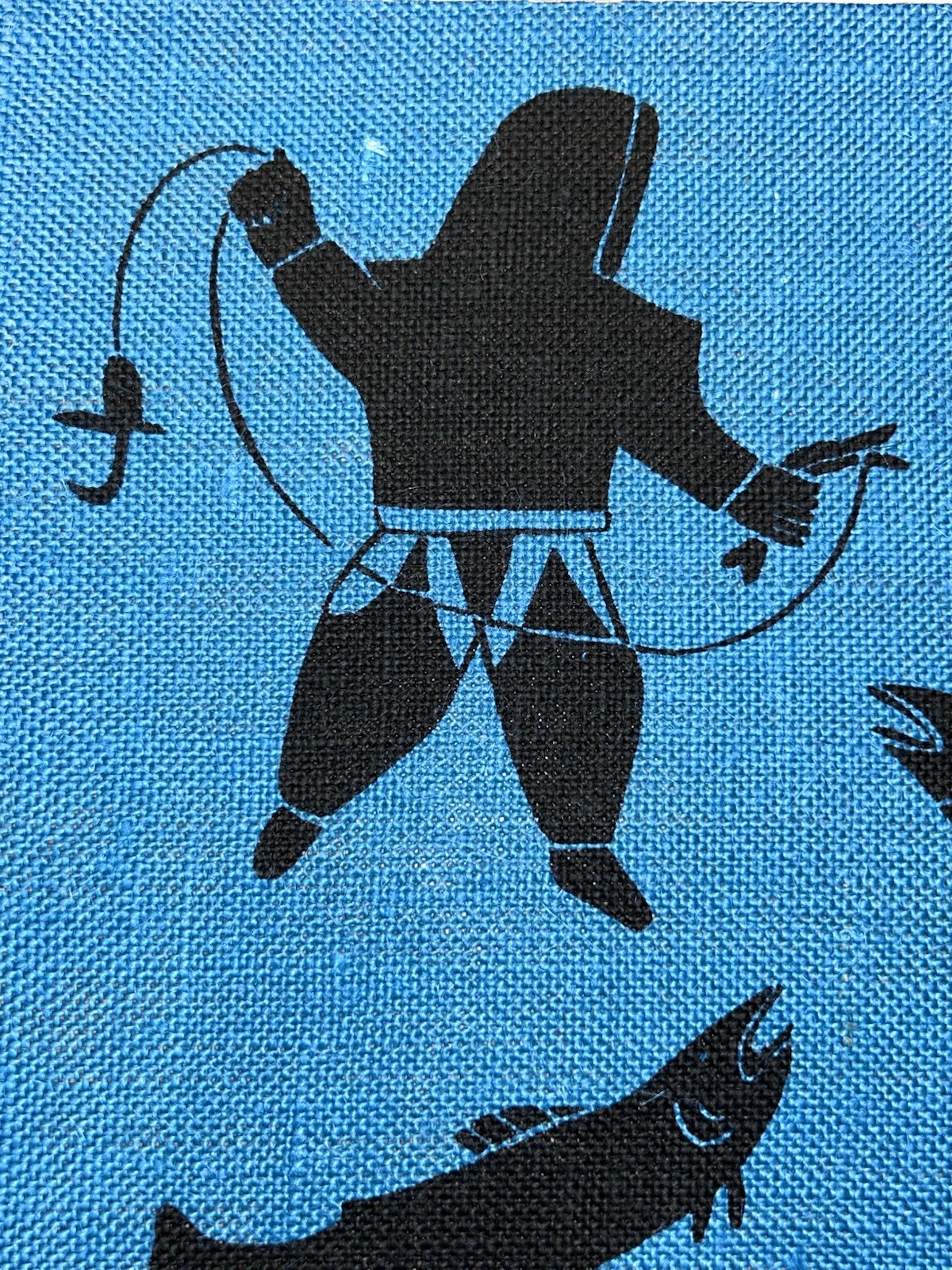 (Helen) Kalvak, Inuit art fishing scene with Salmon on Blue burlap c.1980 16×13”