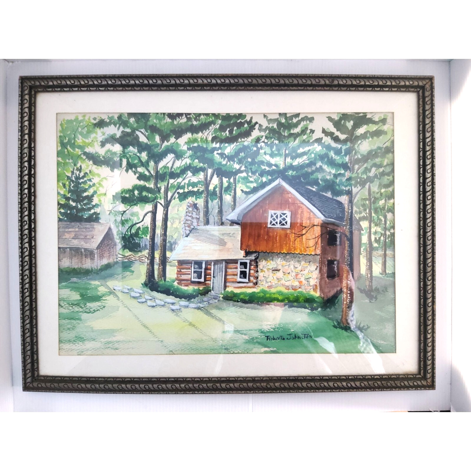 vintage roberta johnston signed homestead watercolor painting on canvas