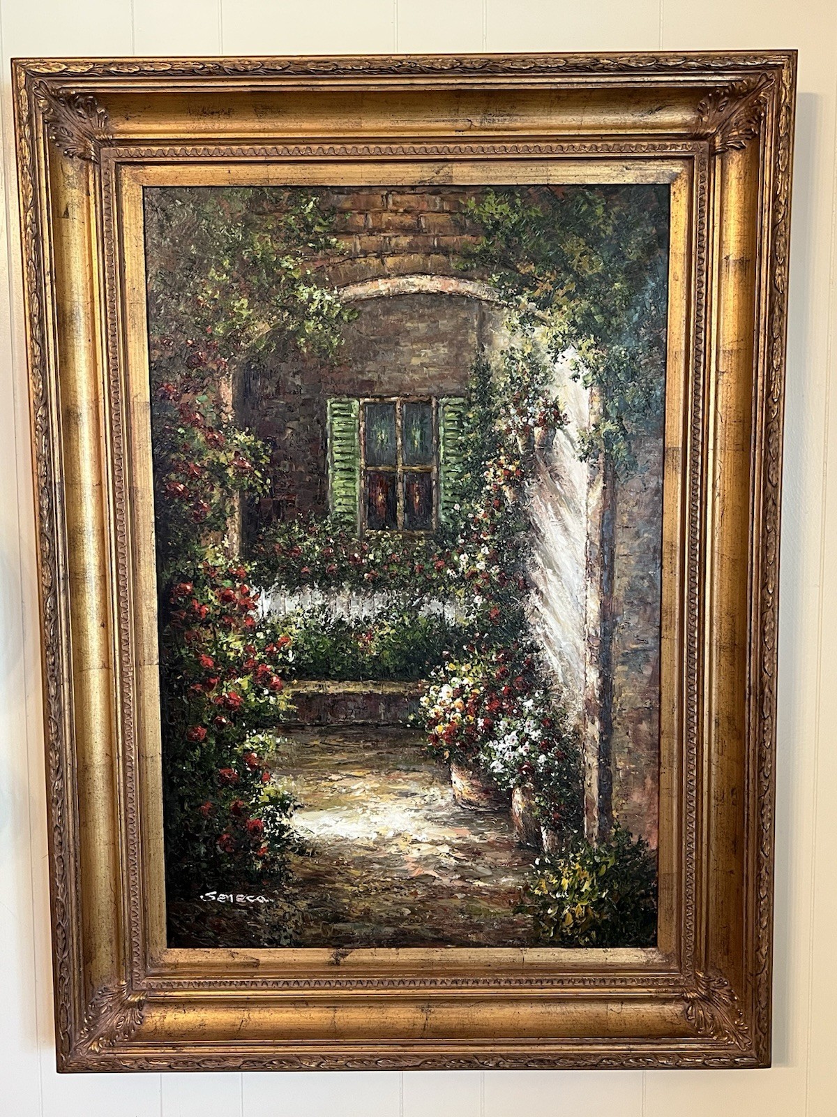 Vintage Original Tuscany Italian Villa w/ Flowers Canvas Oil Painting by: Seneca