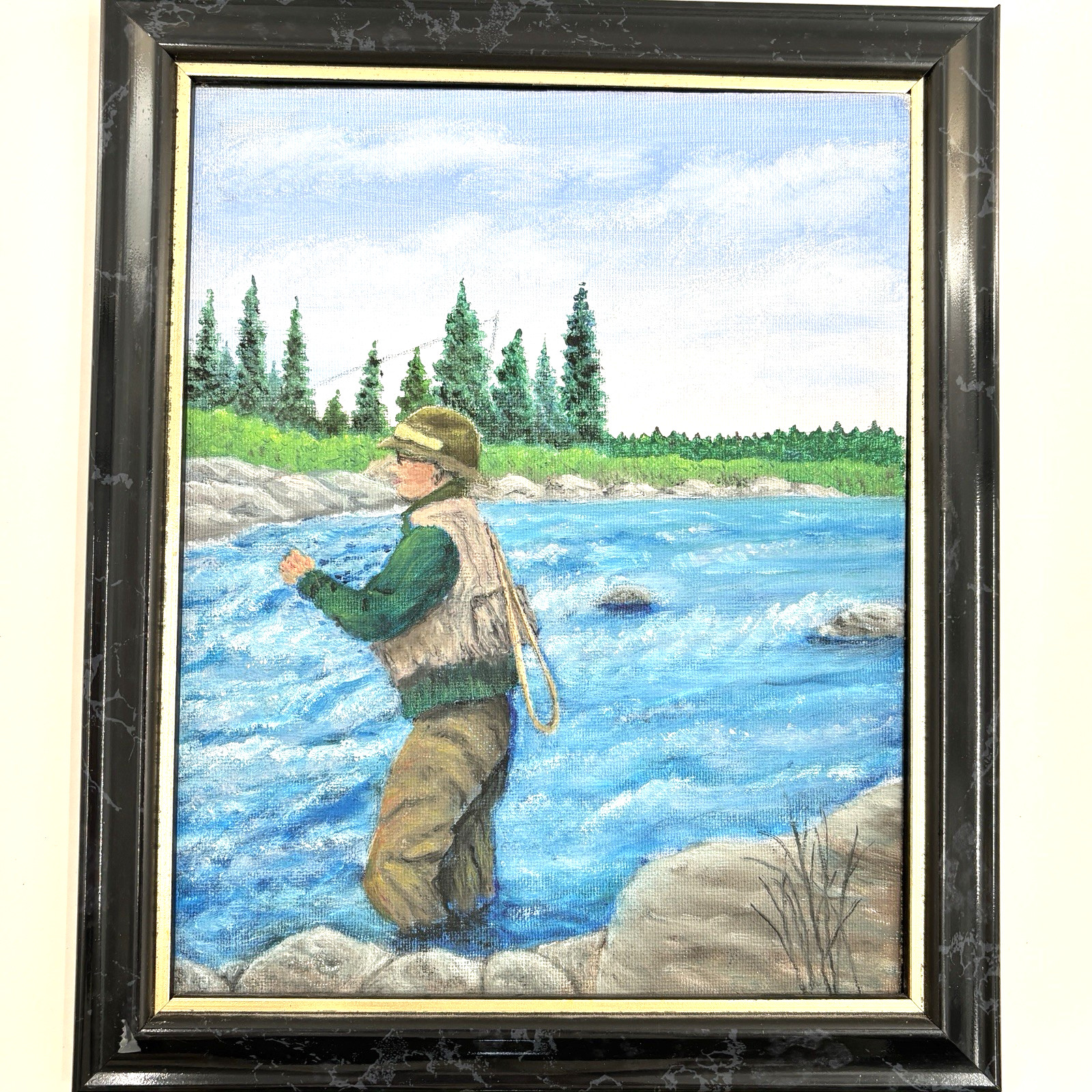 Vtg Fly Fishing Painting Maine River Scene Angler Landscape 8×10 Framed