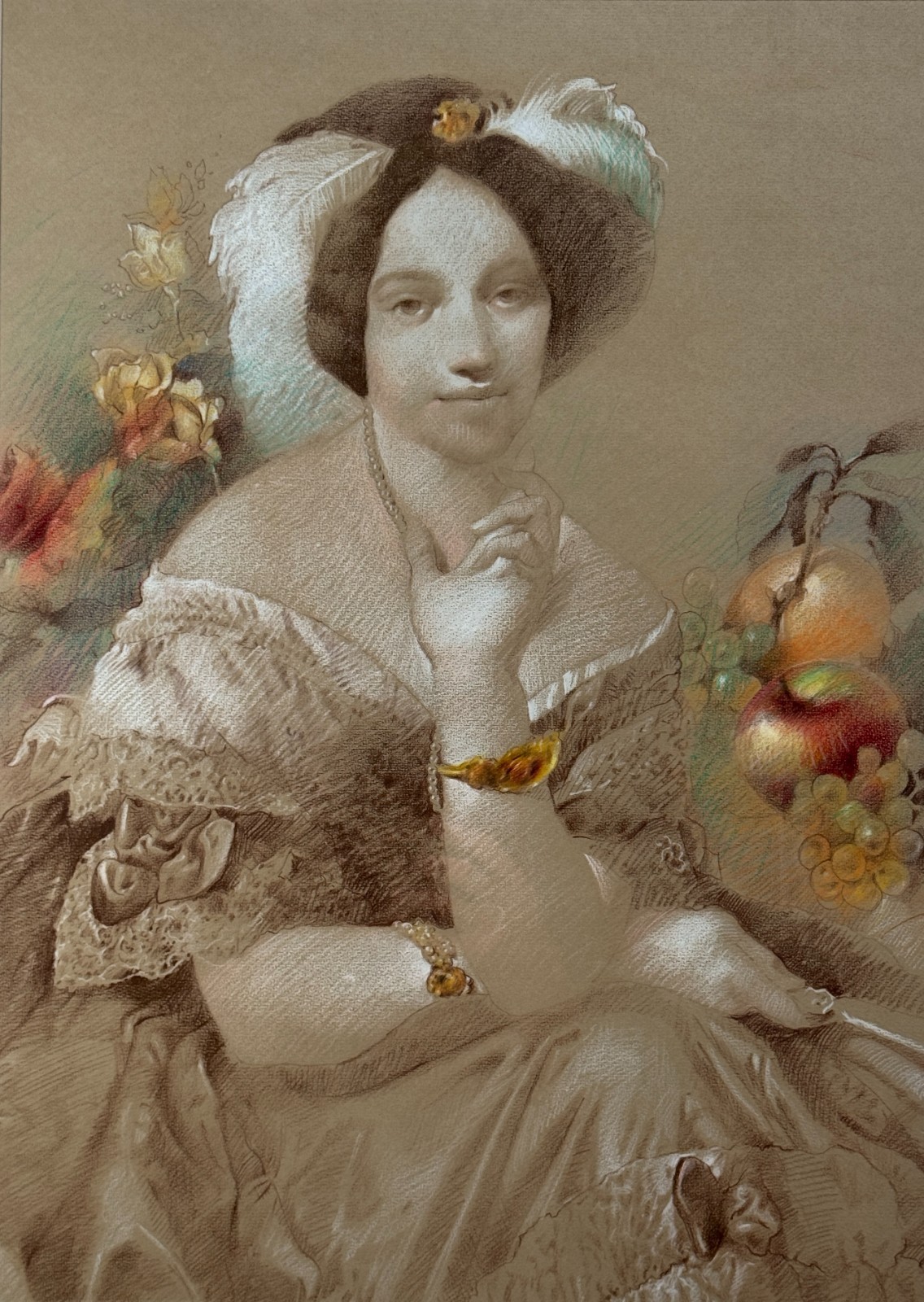 Antique Pastel Victorian Lady Portrait Painting Woman Fruit Roses 19th C English