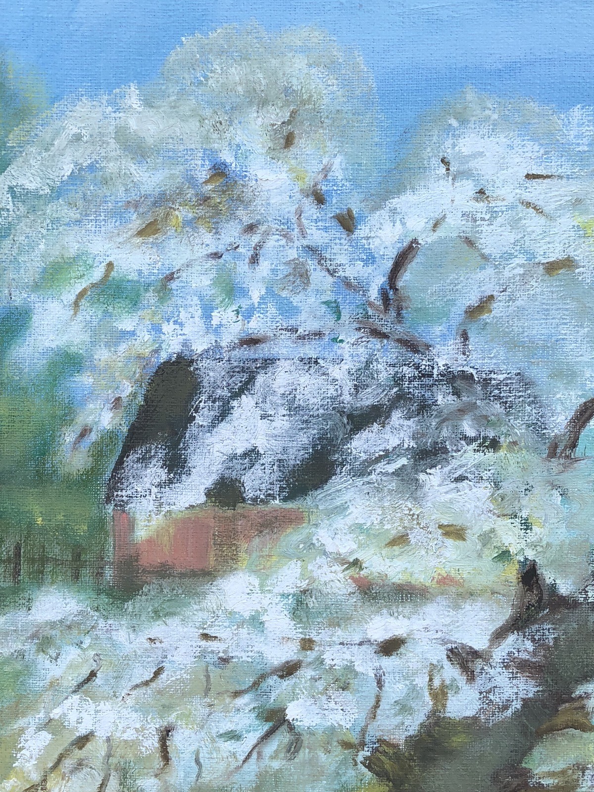 Unknown Painter – Landscape With Blooming Fruit Tree And Red House – 1989