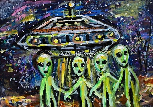 Original ACEO Painting ALIEN Spaceship Stars ET Martian Universe UFO ATC ART