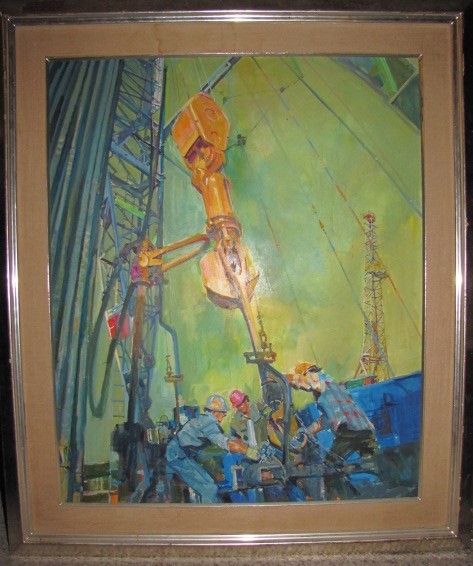 LARGE Mid Century OIL RIG ROUGHNECKS Acrylic on Board IMPRESSIONIST PAINTING NYC