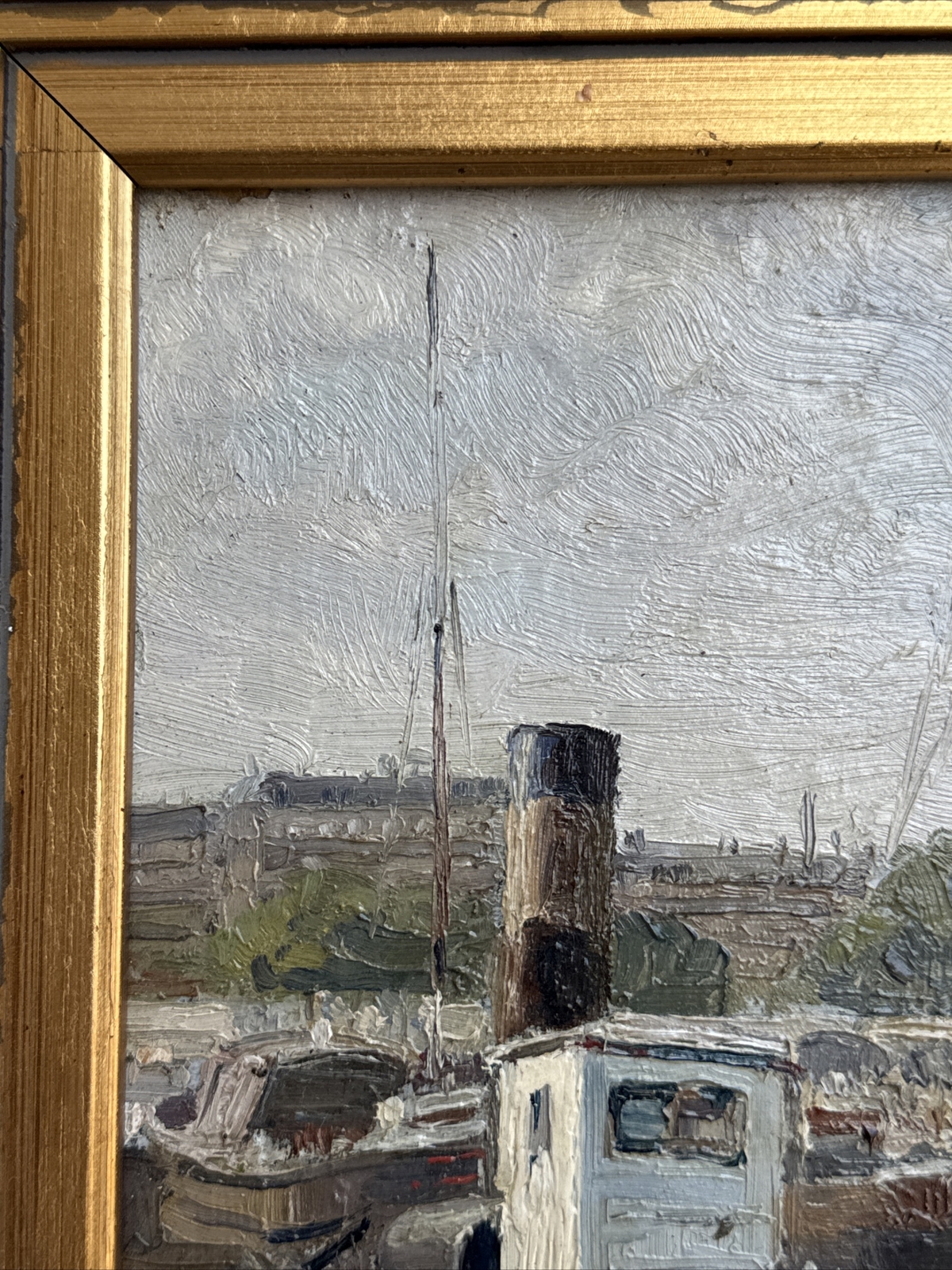 ANTIQUE PAINTING NAUTICAL FRENCH LISTED COASTAL MARINA PORT HENRI TROUSSARD OIL