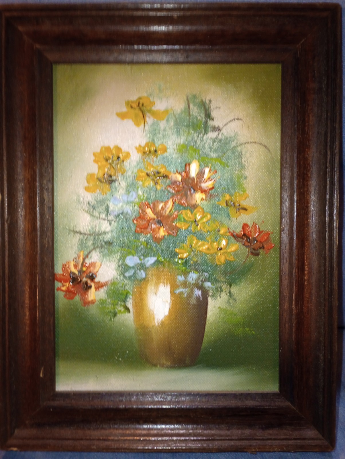 Original Floral Oil Painting On Canvas Not Signed Wood Frame Flowers In Vase