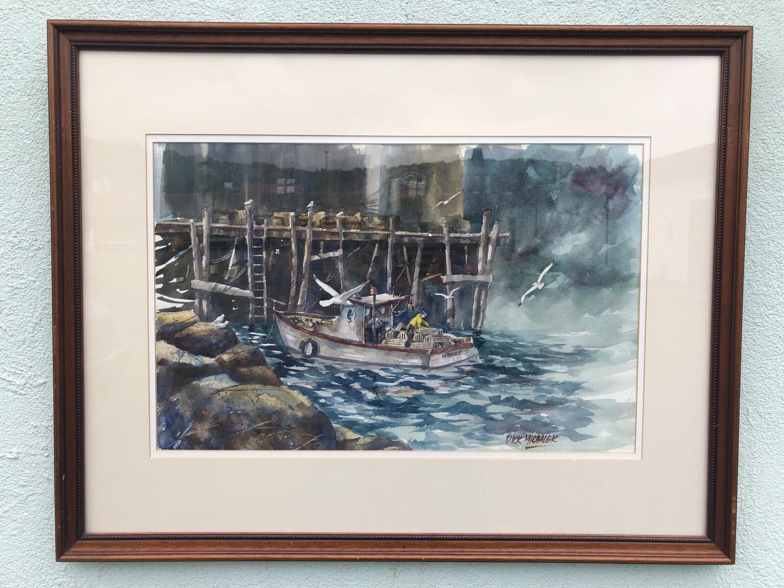 Signed Dick Michalek WC Of A Lobster Boat In A Harbor 21 1/2” X 27 1/2