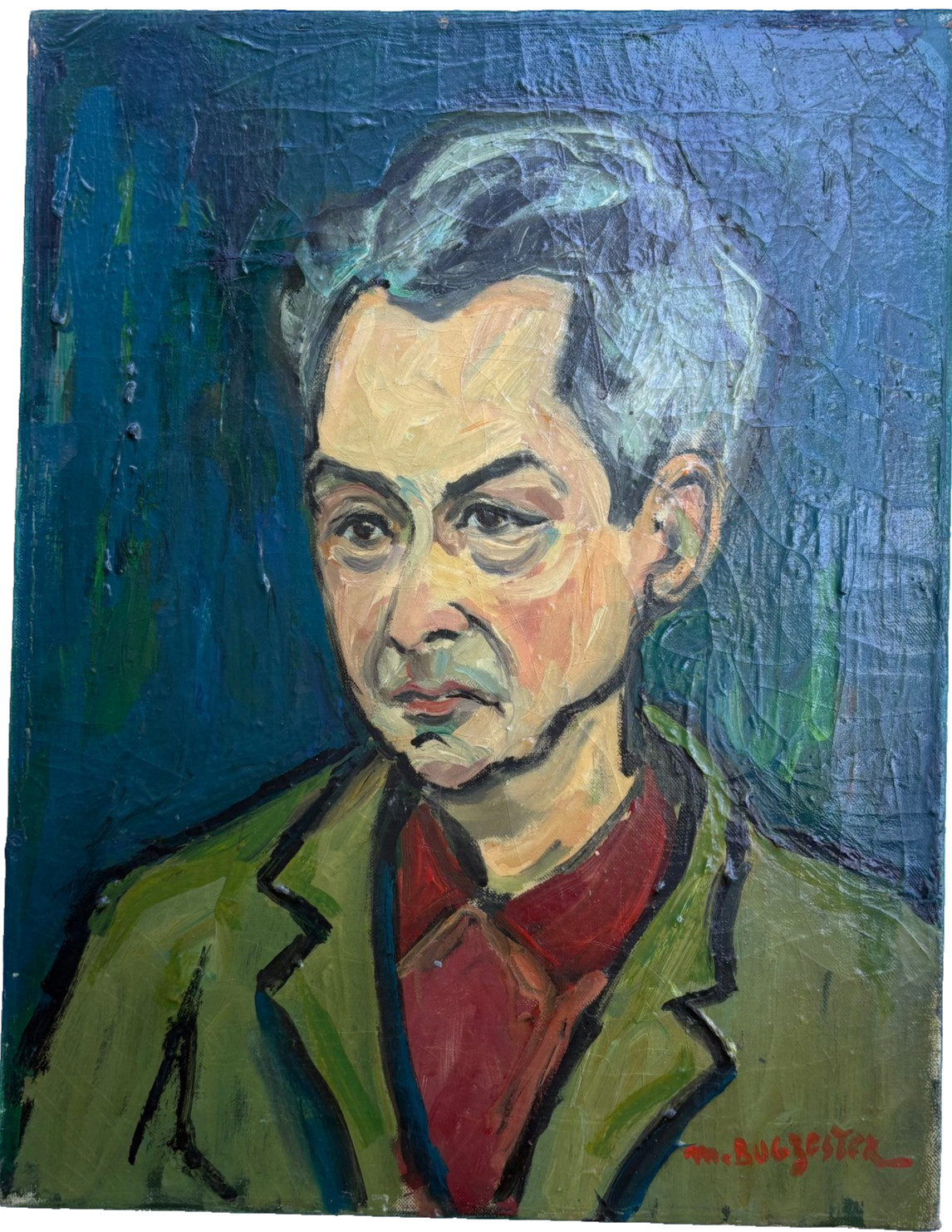 Portrait of a Man a Green Jacket 18 x 14 Oil Painting-1930s/40s-Maxim Bugzester