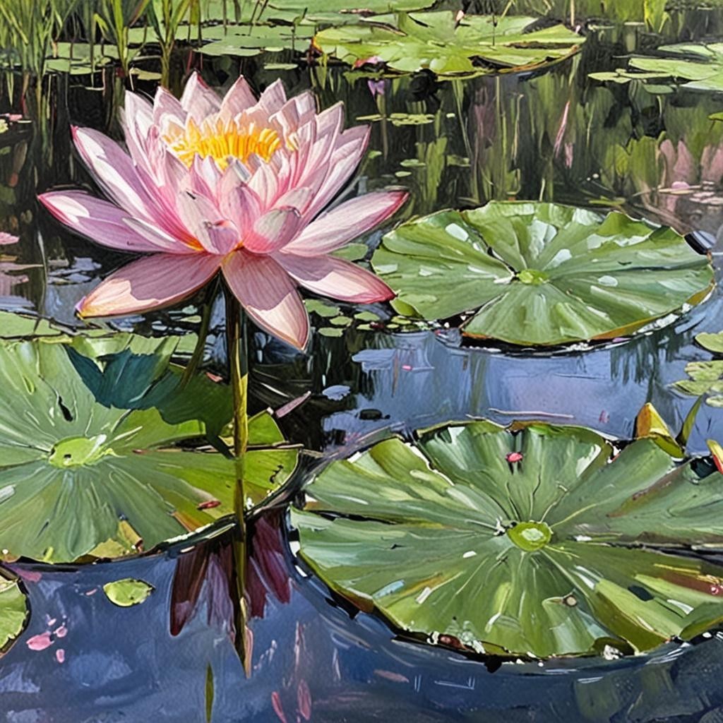 ACEO Lotus Flower at Monet’s Giverny Beautiful pink set against Green Lily Pads
