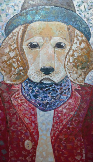 An oil painting on canvas titled «Beagle in a Hat.» Dimensions are 50 by 80 cm.