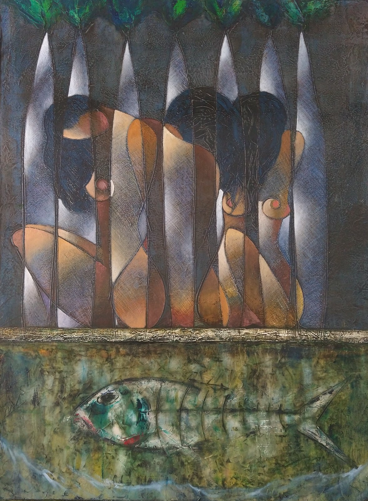 Jose Antonio Oliva Alfonso. PAINTING. Cuban Art. MUJERES CON PEZ. Signed. 2020