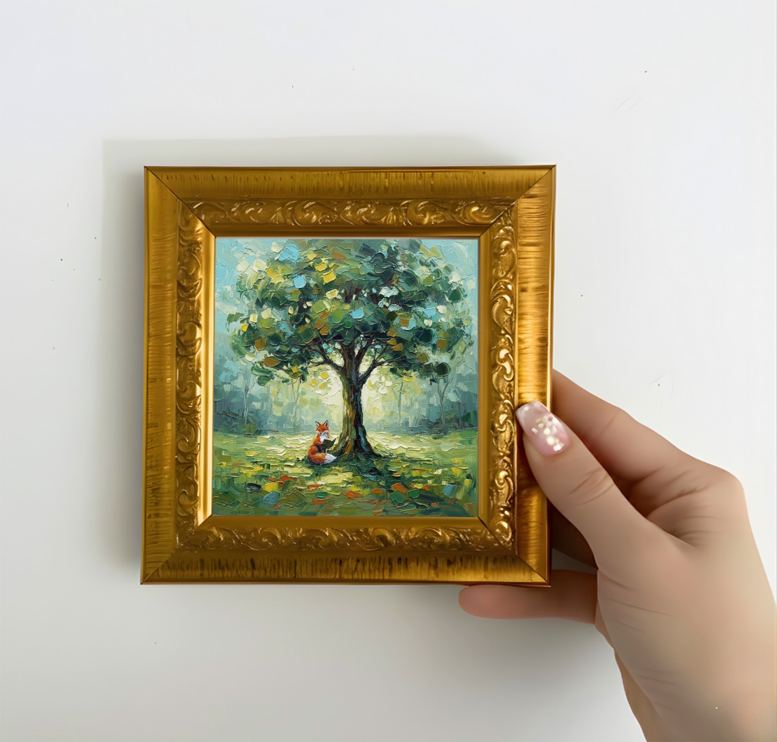 Fox Reading Painting on Gold Framed Hand Painted Stiil Life Art 5×5