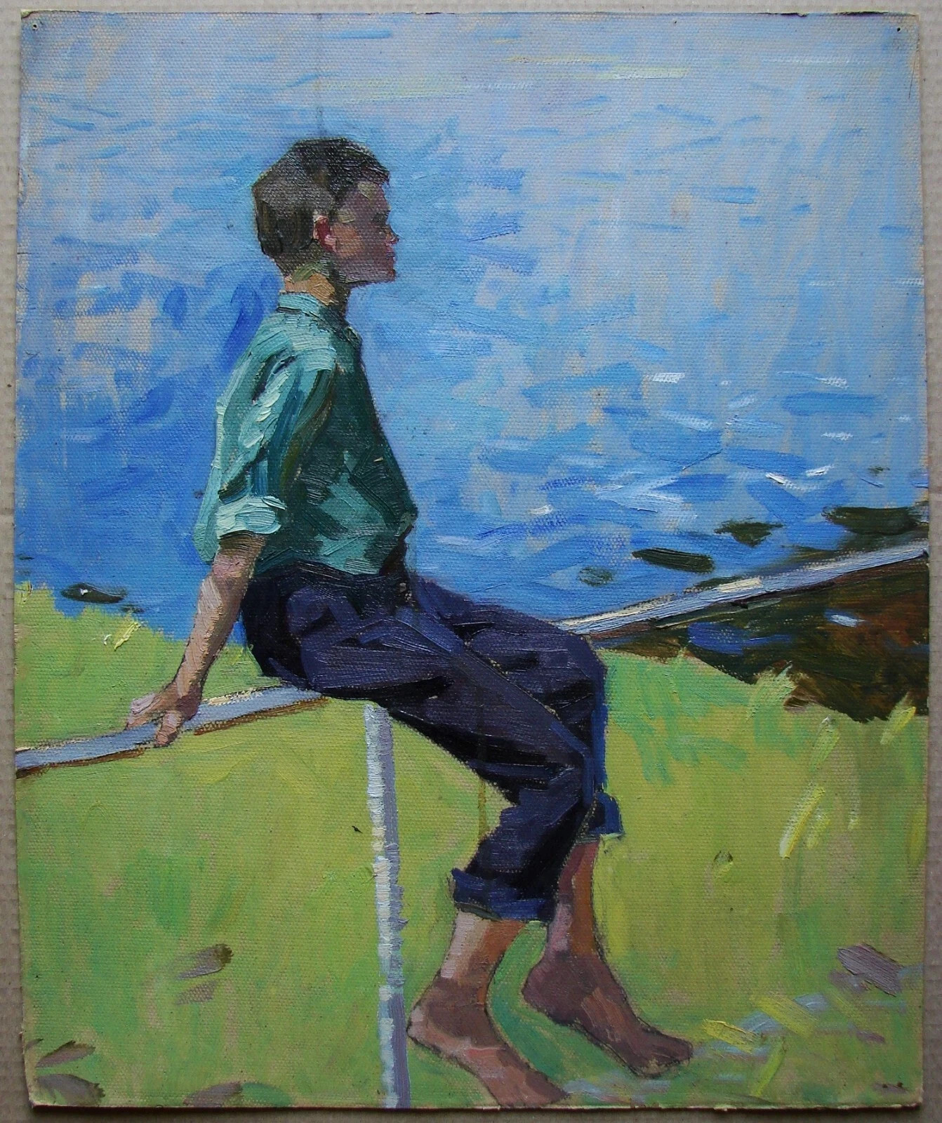 Ukrainian Soviet Oil Painting Impressionism boy figure portrait river seascape