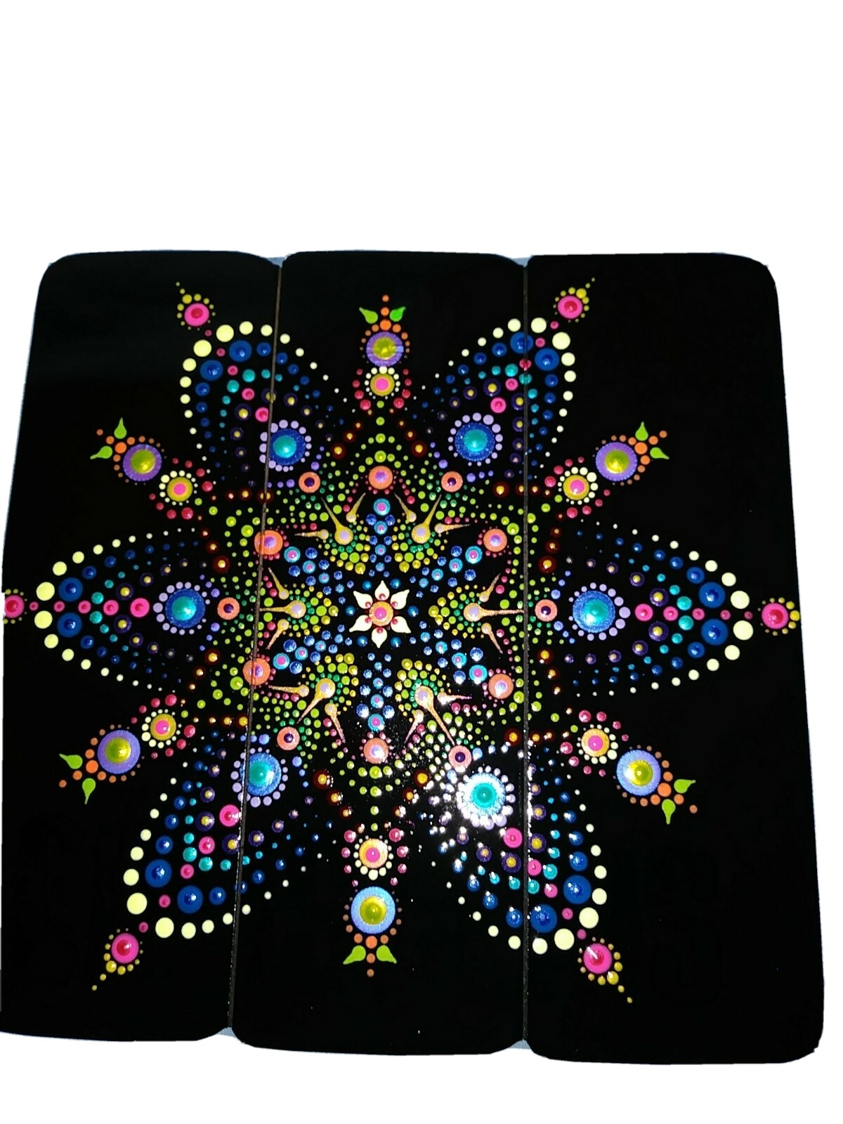 Hand Painted Dot Mandala sealed On Wood With Attached Stand And wall Hanger.