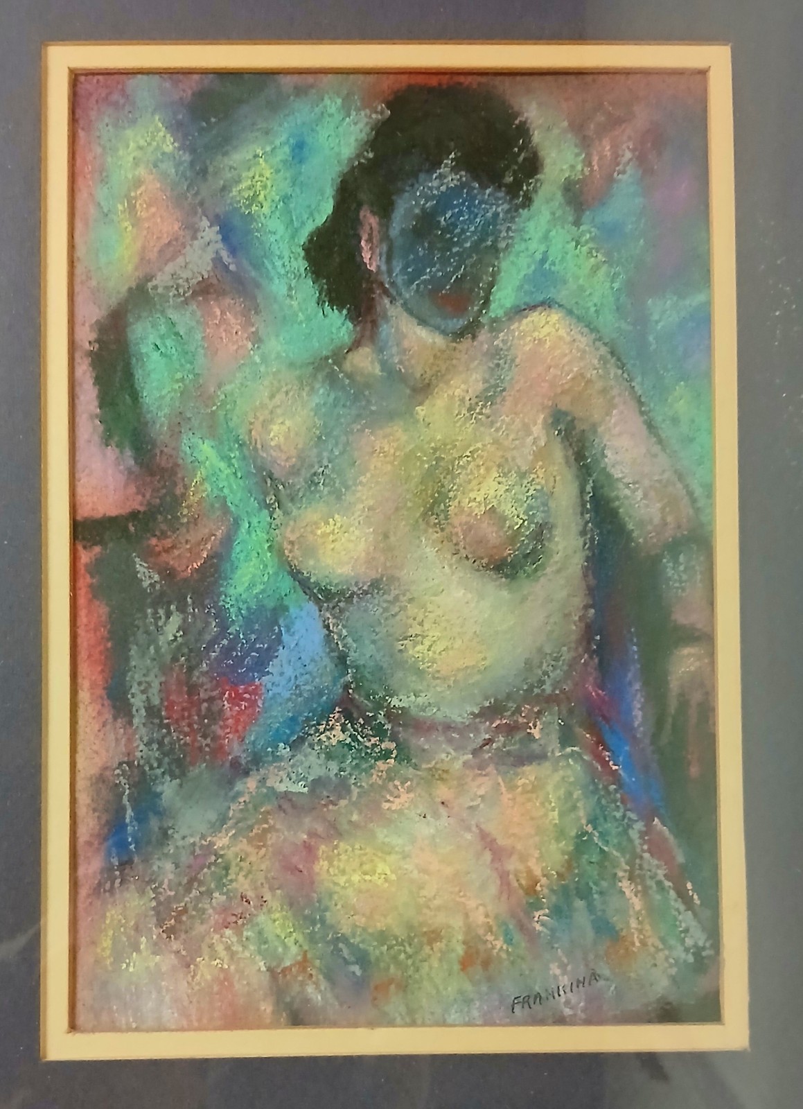 Mid- Centruty Female Nude with Blue Face Frankina Framed Pastel Matted & Framed