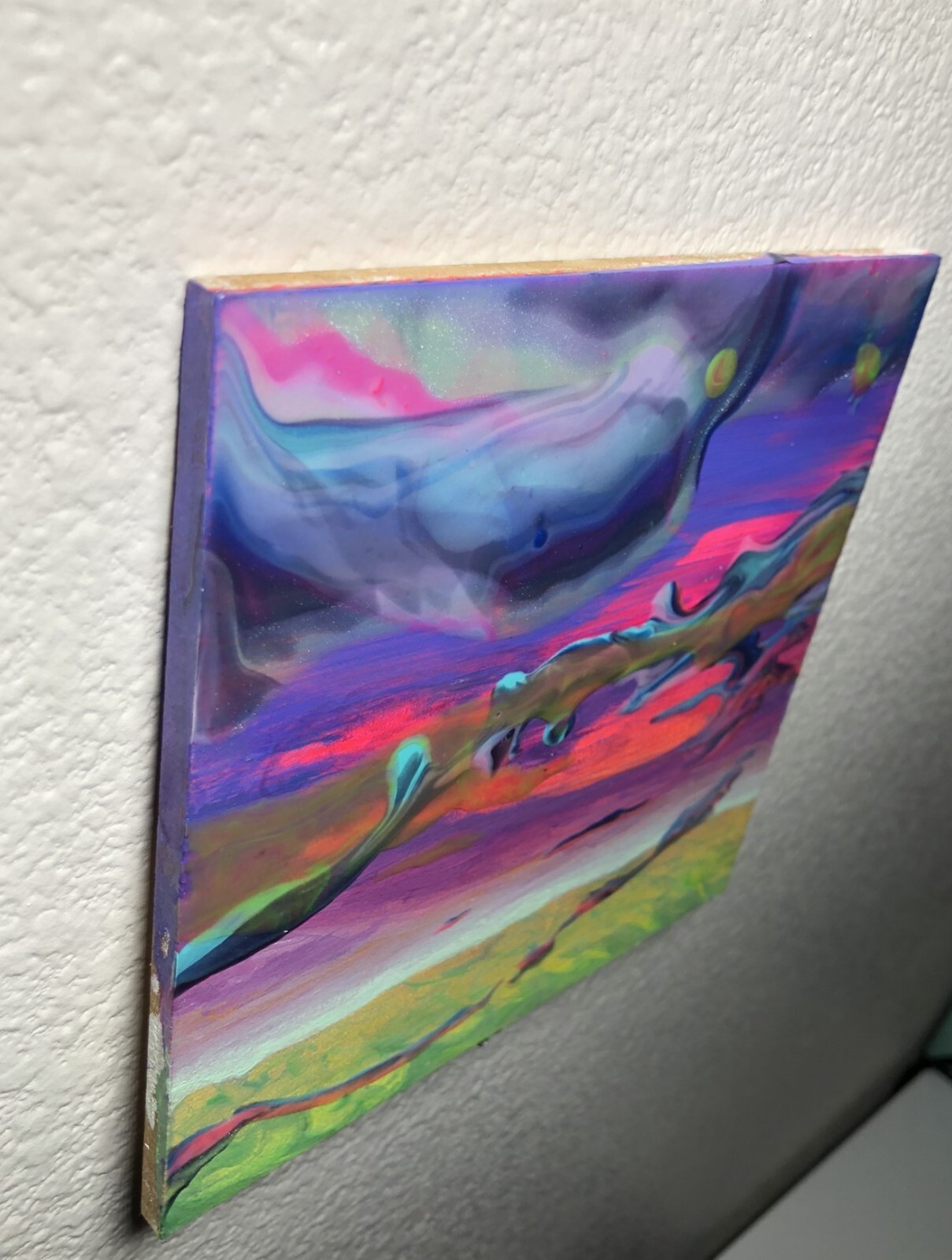 Fluorescent Clouds 2 – Neon Acrylic and Oil Paint on Wood Panel Painting