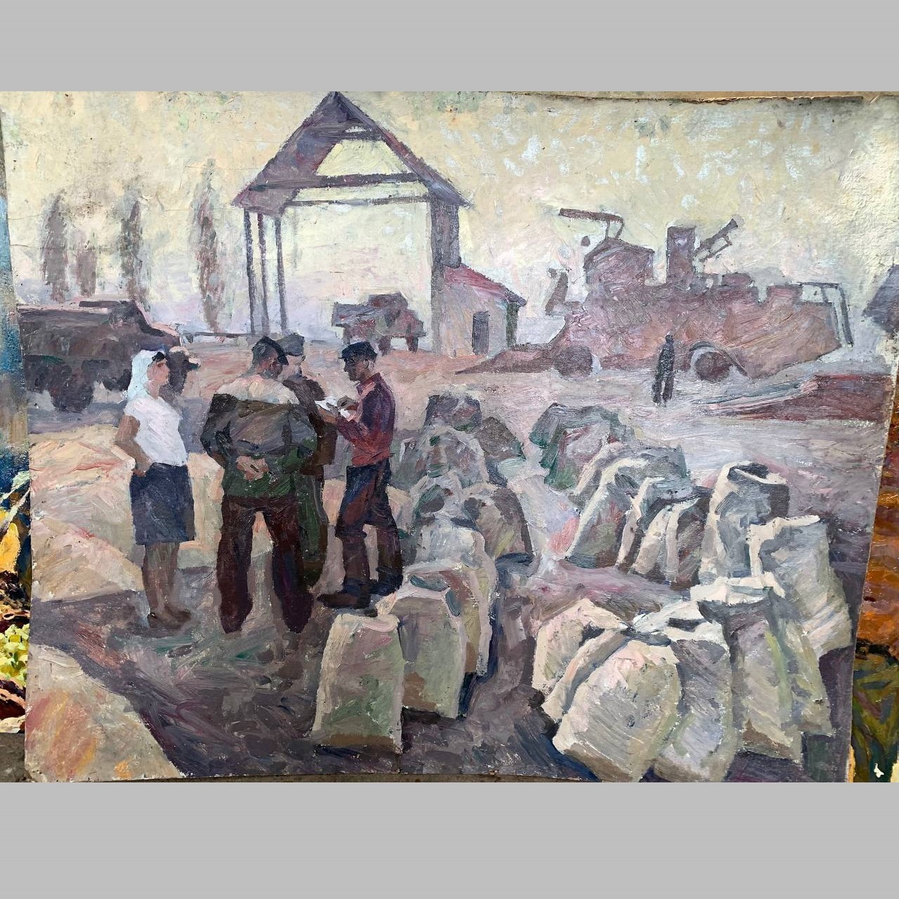 Old USSR OIL Hand PAINTING /Threshing Floor in Kolkhoz/Vintage Realism 1m=38″