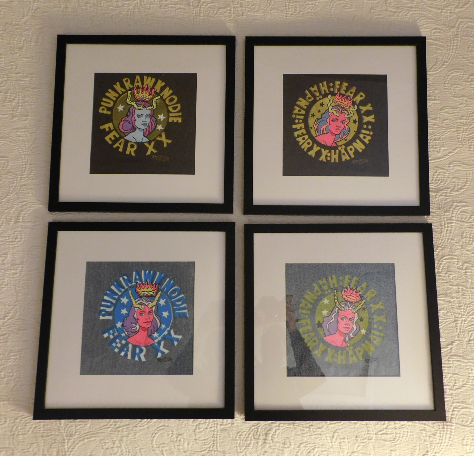 Set of 4 Satyrs on Hand Pulled Serigraphs on Denim original art in center signed
