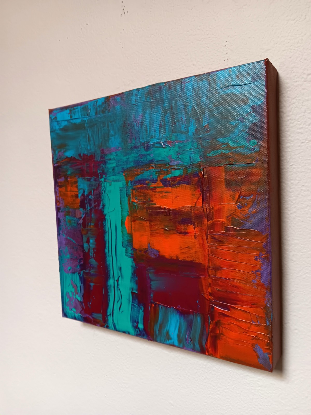 Small abstract original black turquoise blue pink red ochre «Faded»