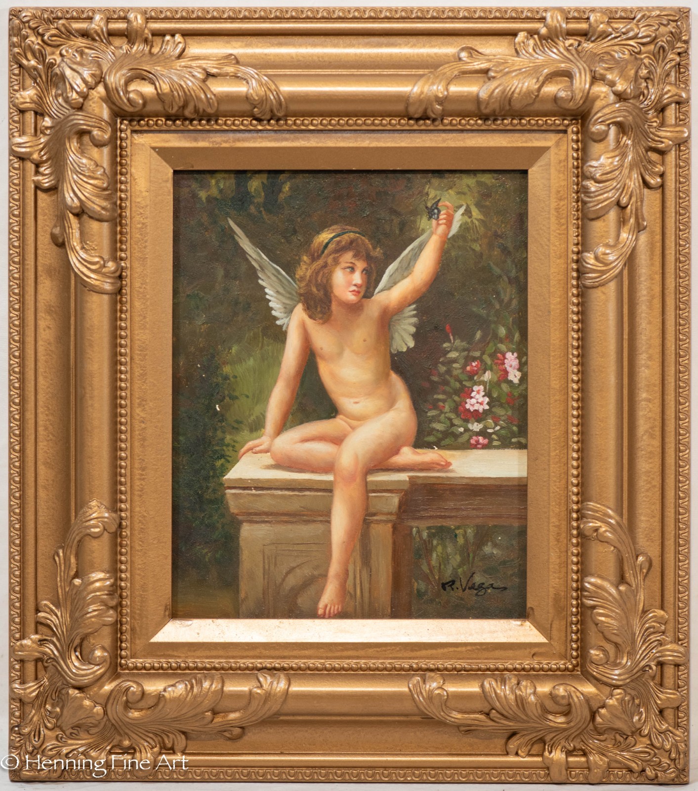 Charming Oil Painting of Cupid in Garden after William Bouguereau Signed 17×15″