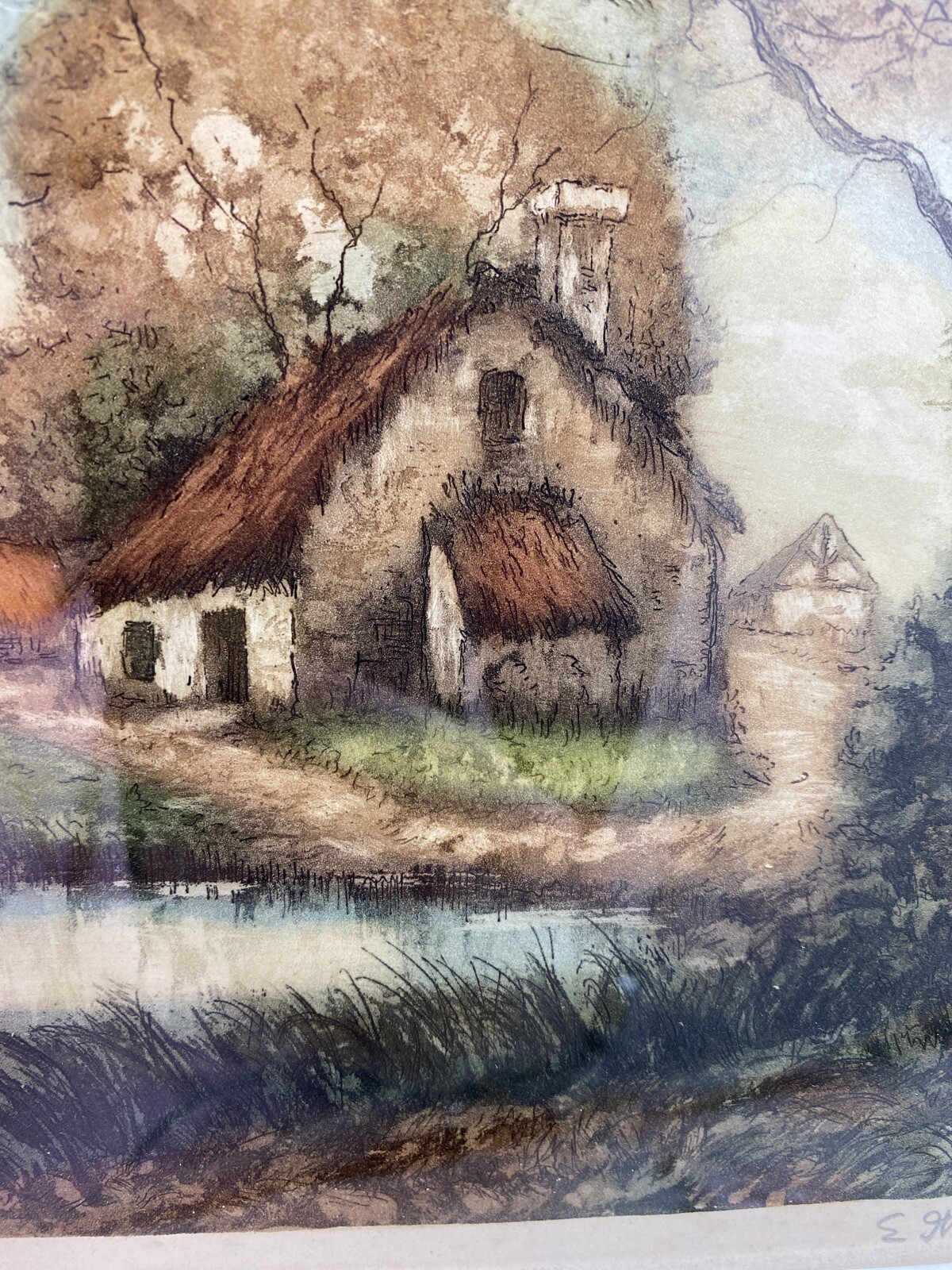 Country Scene Cottage Barn Landscape Watercolor Painting Signed Framed Inlay