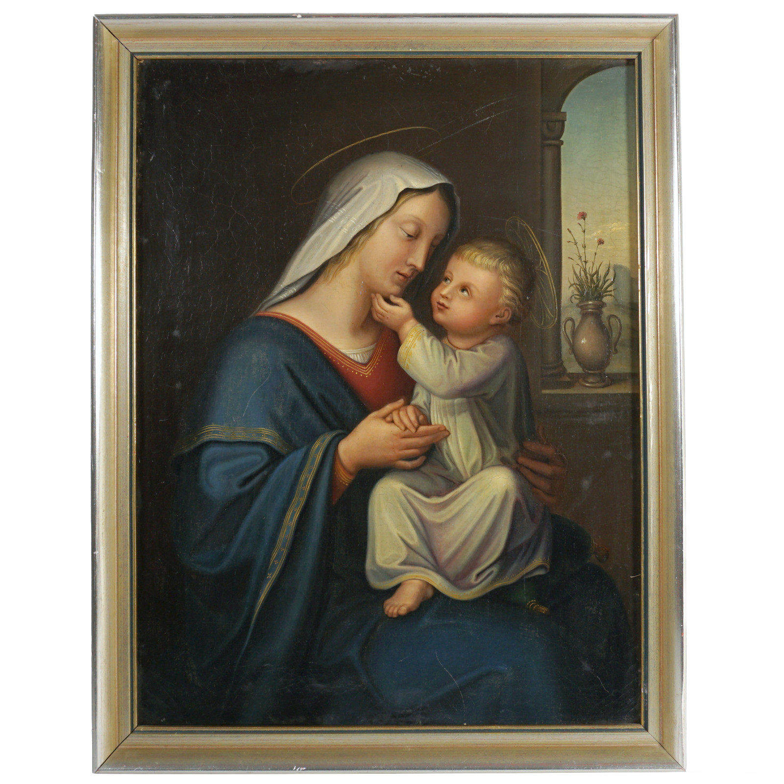 Antique 19thc Portrait of Madonna & Child Oil Painting German School Religious