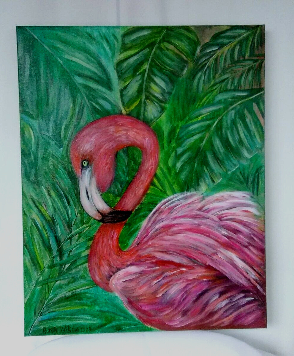 Original Hand Painted Acrylic Flamingo Sea Bird Coastal Artwork Wall Art