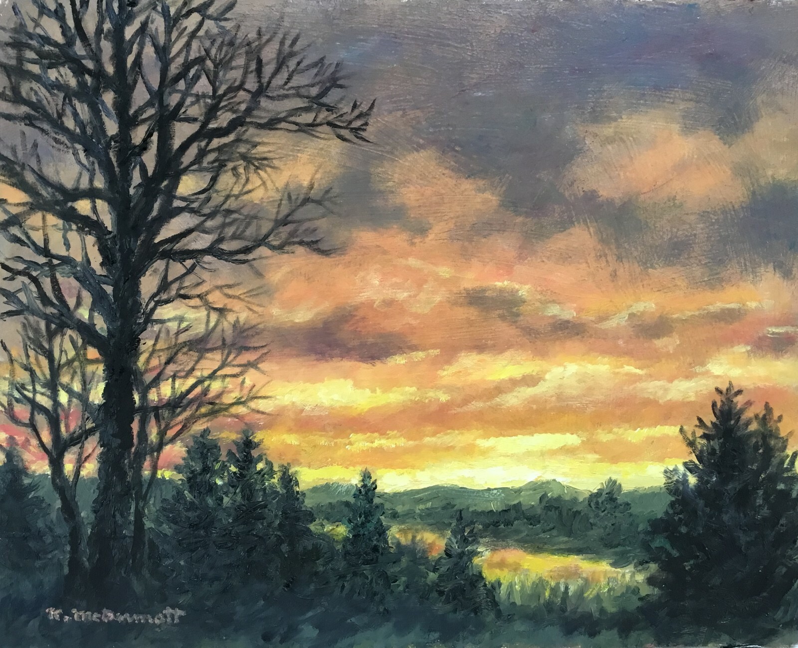 SUNDOWN ABOVE THE RIVER – original framed oil painting by K. McDermott
