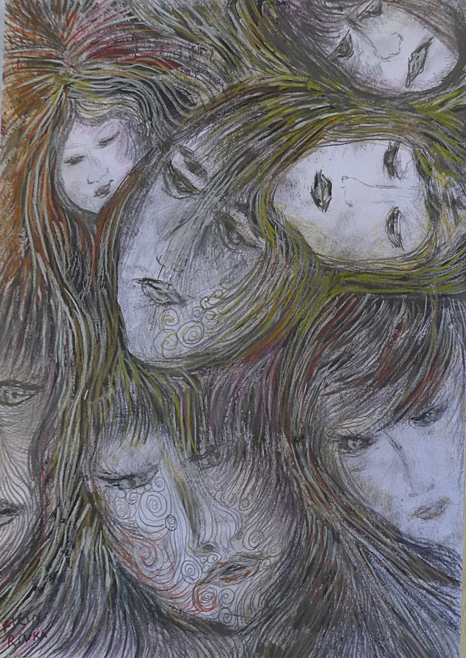 ORIGINAL FEMALE DRAWING 13 X 9 INCH BROWND BLACKS PENCILS BY RIVKA FILIIN