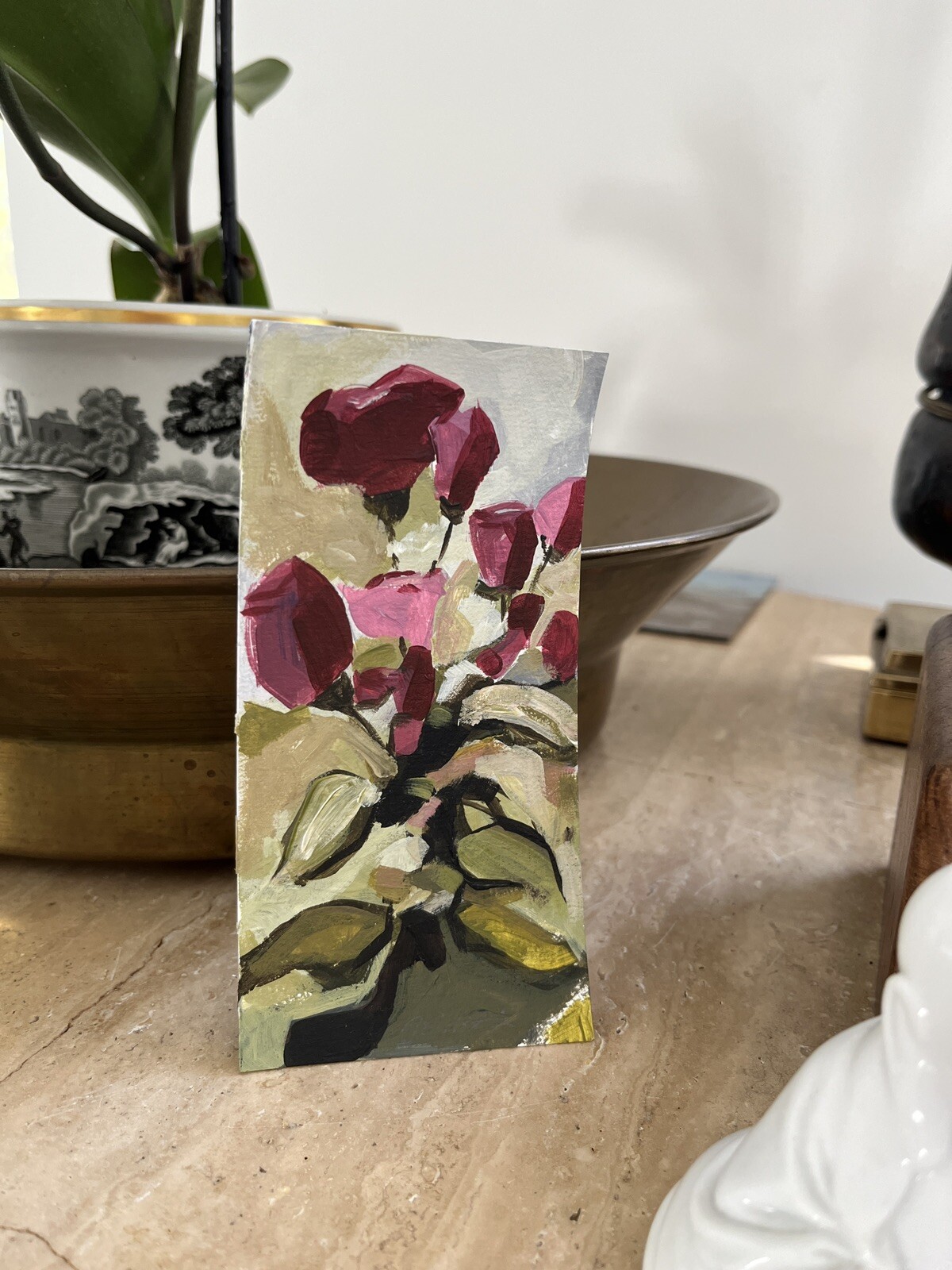 Original ACEO Art on Watercolor Paper Les Roses Tiny Acrylic Painting Signed